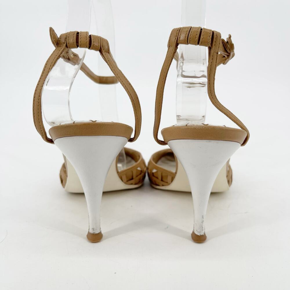 Chanel Vintage Retro Camel Tan Leather Woven Lattice Ankle Strap Heels EU 38 - Picture 8 of 14